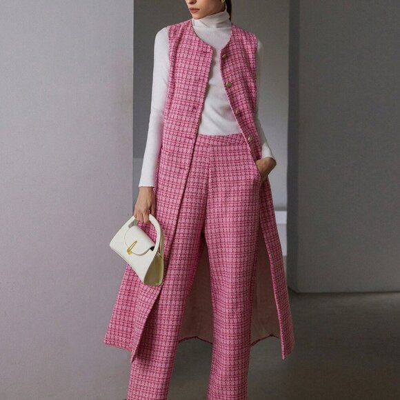 Pink Elegant Women's Tweed Long Sleeveless Cinched Waist Jacket & Pants Set - Picture 1 of 6